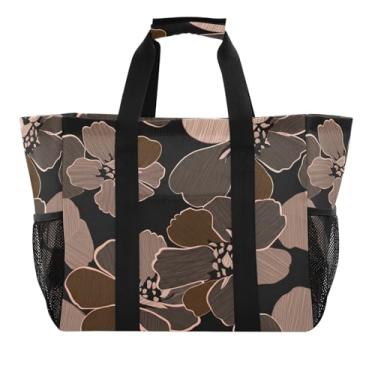 Imagem de Wassud Sacolas de compras reutilizáveis de flores marrons grande bolsa organizadora de lona impermeável para praia, piquenique, lavanderia, viagem