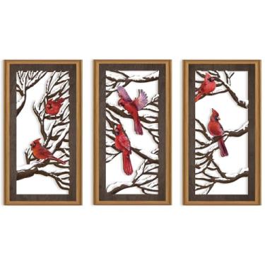 Imagem de Ausril 3 peças de decoração de parede de pássaros vermelhos natalinos, arte abstrata de parede de madeira cardeal boêmia, decoração de Natal, galho de árvore, decoração de arte para casa de fazenda