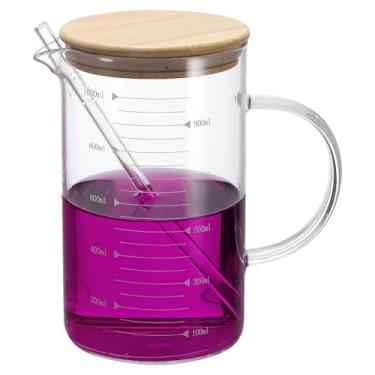 Imagem de PATIKIL Copo medidor de vidro de 1000 ml, copo de vidro borossilicato, copos graduados de medição líquida com tampa de madeira, bico em forma de V para cozinha, bebendo, restaurante, balança impressa