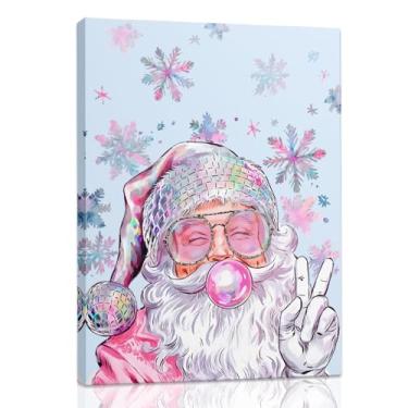 Imagem de RLTXBUK Decoração de arte de parede com floco de neve de Natal rosa na moda, pôsteres em tela emoldurados com papai noel chiclete para casa, quarto, sala de estar, 28 x 35 cm
