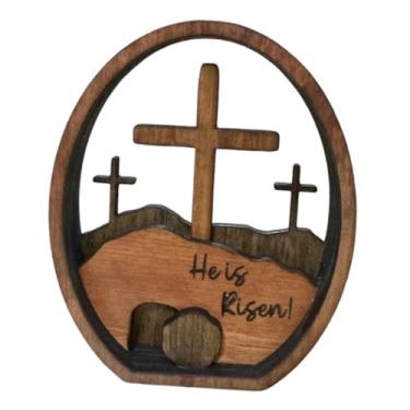Imagem de Fenteer Cena de Páscoa de túmulo vazio e decoração cruzada, placa de arte de madeira He is Risen, decoração da ressurreição de Jesus, decoração de presépio de Jesus para mesa de estante de escritório