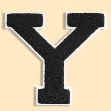 Imagem de QianSiLi Remendos de letras universitárias de chenille preto de 11 cm, letras grandes para jaquetas Letterman, moletons com capuz, mochilas, coletes, roupas, adesivos individuais de letra Y
