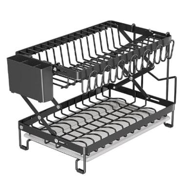 Imagem de Deller Escorredor de louça, sem montagem, escorredor de pratos dobrável de 2 camadas (preto)