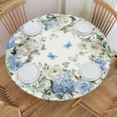 Imagem de KiuLoam Toalha de mesa redonda floral primavera com borda elástica azul e branco hortênsia rosa toalha de mesa lavável reutilizável capa de mesa para cozinha interna piquenique festa cabe 114-127 cm