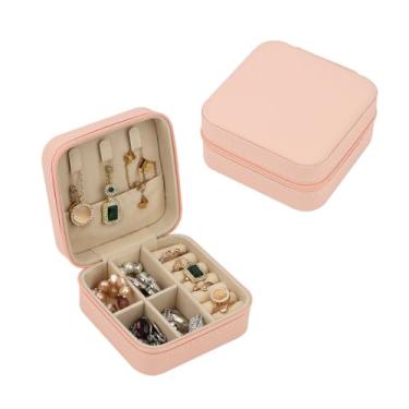 Imagem de Caixa de joias pequena, caixa organizadora de joias de couro PU, pequeno suporte portátil de armazenamento de joias para mulheres, brincos, colares, pulseiras, rosa empoeirado