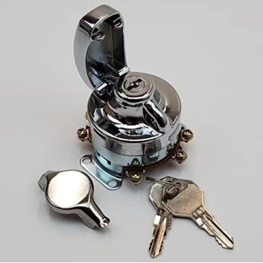 Imagem de Interruptor de ignição cromado com 6 pinos com 2 tampas de interruptor (estilo moderno ou vintage) e 2 teclas para Harley Big Twin 1936-1995 com base Fat Bob e capa de instrumento (exceto FLHR e