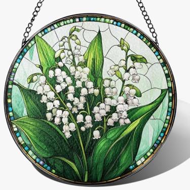 Imagem de Enfeite de vitral de 20 cm, pendurado em vitral, enfeite de flor de lírio do vale, decoração para pendurar na janela, apanhador de sol | Dia das Mães, Natal, aniversário, presentes para mães e amantes
