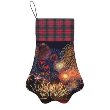 Imagem de SKKNT Estampa de fogos de artifício, meias de Natal, animais de estimação, decoração de Natal, cães, gatos, árvores, doces, presente, conveniente