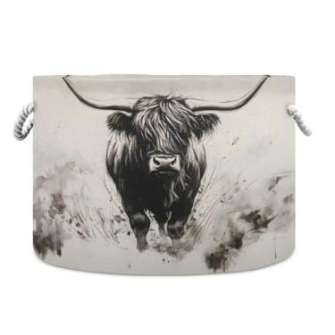 Imagem de JUZIHAI Cesta de armazenamento dobrável com tinta de vaca Highland cesto de roupa suja para bebês com alças de corda de algodão, caixa organizadora de armário dobrável para quarto, berçário, casa, 50