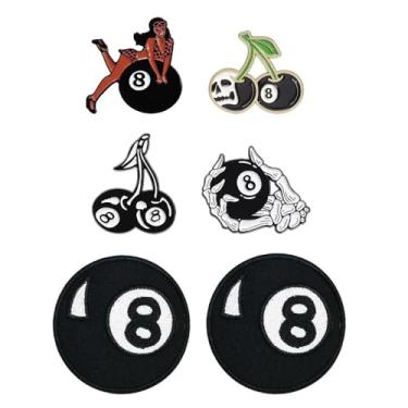 Imagem de 4 peças de pinos pretos esmaltados de 8 bolas de bilhar e 2 peças de patch preto com 8 bolas para mochilas, jaqueta, chapéu, decoração