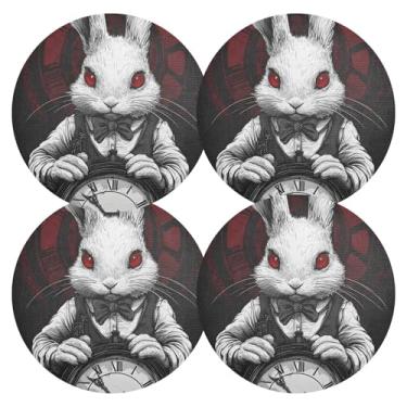 Imagem de Conjunto de 4 tapetes de mesa de relógio de coelho branco, laváveis, 38 cm, jogo americano redondo de PVC, para mesa de jantar, mesa de cozinha