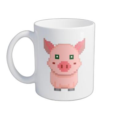 Imagem de Caneca Xícara de Café Porcelana 300ml Pixel Art Porquinho Estilo Retro