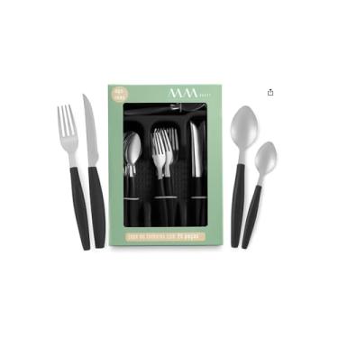 Imagem de Jogo de Faqueiro 25 Peças com Porta Talher, Aço Inox, Preto, 6 Pessoas, Inclui Garfos, Facas, Colheres de Mesa e Sobremesa