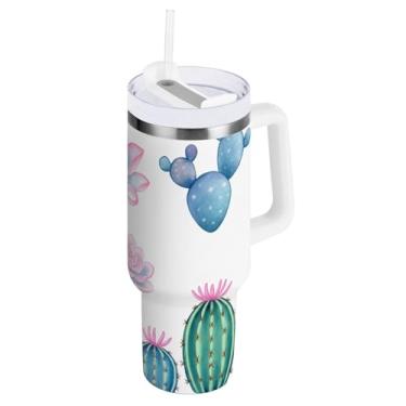 Imagem de ODAWA Copo grande à prova de derramamento com palha, cactos suculentas copos com isolamento duplo com alça e canudo copo de café de viagem