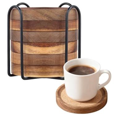 Imagem de KEILEOHO Conjunto de 6 porta-copos de cortiça de madeira de acácia para bebidas, grandes almofadas de mesa de centro absorventes com suporte, decoração de casa rústica em cor de madeira natural