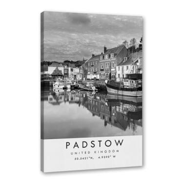 Imagem de Pôster de viagem preto e branco impressão paisagem da cidade do mundo pintura em tela Padstow decoração de casa (16 x 24 polegadas (40 x 60 cm), emoldurado)