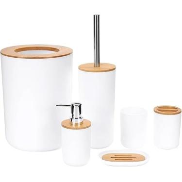 Imagem de Kit Banheiro Moderno Bambu 6 Peças Com Lixeira Tampa Fechada Dispenser de Sabonete Porta Escova Saboneteira e Copo (Branco)