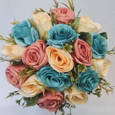 Imagem de Buquê de Noiva Artificial 30cm – Flores de Seda com Pérolas para Casamentos e Damas de Honra(Azul/Creme/Dusty Rose)