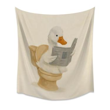 Imagem de Pato engraçado lendo jornal no banheiro bonito tapeçaria de parede aconchegante casa de fazenda humor arte animal para quarto de banho de hóspedes decoração de apartamento impressão branca 70x200