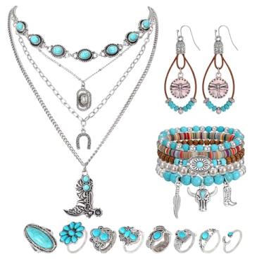 Imagem de SANSTHS Conjunto de joias boêmias ocidentais turquesa colar brincos pulseiras anéis acessórios ocidentais para mulheres presentes de vaqueira, One size, Turquesa Metal Couro, Turquesa