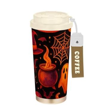 Imagem de TSENQUE Caneca de café de viagem de 473 ml com tampa de canudo e filp, copo de café de aço inoxidável à prova de vazamento para escritório, escola, festa, acampamento, abóboras de Halloween, preto