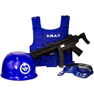 Imagem de Kit Policial Infantil com Rifle, Máscara, Capacete e Colete, Azul, Brinquedo de Faz de Conta, Não Recomendado para Menores de 3 Anos