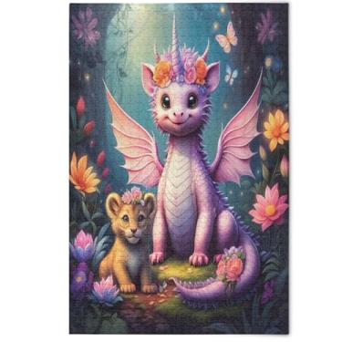 Imagem de Quebra-cabeças de desenho animado de unicórnio rosa dragão fofo 1000 peças quebra-cabeça engraçado paisagem paisagem paisagem decoração de arte animal, 1000 peças, 75 x 50 cm