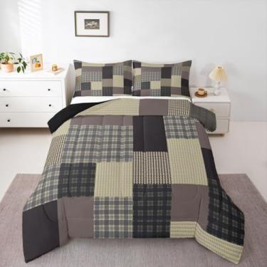 Imagem de jejeloiu Conjunto de edredom queen xadrez, casa de fazenda, patchwork, para crianças, meninos e meninas, chaleira rústica, edredom xadrez, decoração de quarto de microfibra, 3 peças com 2 fronhas