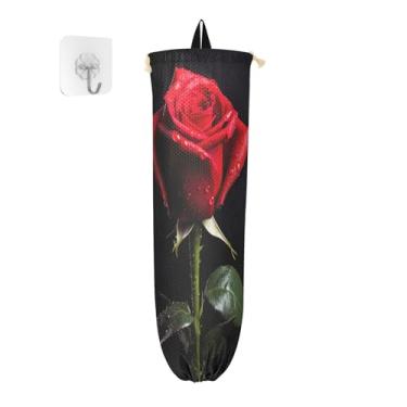 Imagem de Dispensador de saco plástico preto com rosa vermelha, suportes de saco de plástico, organizador de sacolas plásticas de cozinha