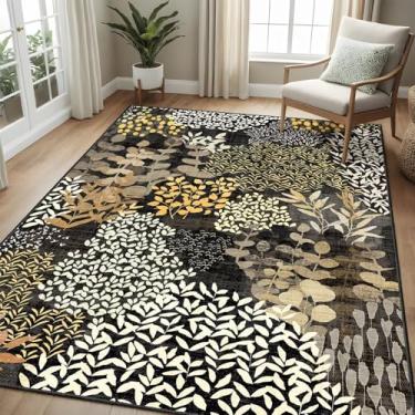 Imagem de DEXDE Tapete lavável 7 x 12 cm para sala de estar, tapetes boêmios pequenos abstratos antiderrapantes macios para quarto de crianças, tapete floral de folhas vintage para quarto, entrada, cozinha