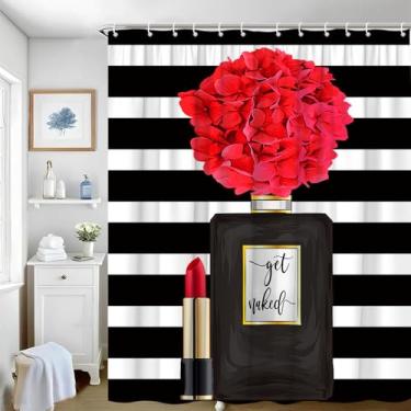 Imagem de Cortina de chuveiro fashion para meninas, perfume, dia dos namorados, flor vermelha, batom, listras pretas e brancas, charmosa, moderna, decoração de banheiro, tecido, acessórios de banheiro, conjunto