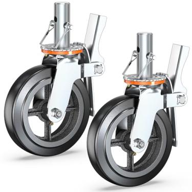 Imagem de HOLKIE Rodízios para andaimes 20 cm Conjunto de 2 rodízios de travamento duplo, rodízios giratórios de haste redonda de 3,5 cm, capacidade de carga total de 599,7 kg, rodízios de substituição