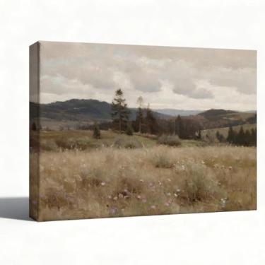 Imagem de Arte de parede em tela de paisagem neutra, impressão de pintura a óleo de campo de montanha macia, decoração de parede rústica para sala de estar, escritório, quarto, 20 x 25 cm