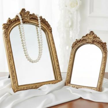 Imagem de Fiwochic 2 peças de espelho de parede vintage dourado pequeno 25 x 16 cm e 21 x 15 cm, espelhos barrocos decorativos de resina dourada antiga montada na parede e espelho de maquiagem de mesa para