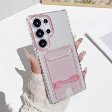 Imagem de Capa transparente com suporte para cartão para Samsung Galaxy S25 S24 Ultra S22 S23, dobrável, com compartimento para cartão e capa colorida (para Galaxy S24 Ultra/Rosa).