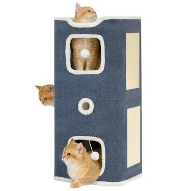 Imagem de Hannadepot Cama e casa para gatos internos, cubo de condomínio resistente de 3 andares com almofada para arranhões e brinquedos pendurados, ideal para vários gatos