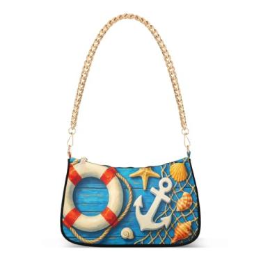 Imagem de Bolsa de ombro com corrente azul, âncora de desenho animado, estampa costeira, Hobo, para uso diário e festa