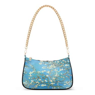 Imagem de Bolsa feminina de corrente de ombro com flores brancas em aquarela, bolsa Hobo artística para todos os dias ou à noite, bolsa clutch moderna