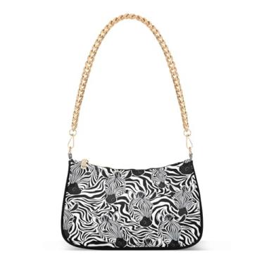Imagem de Bolsa de ombro com corrente listrada de zebra preta e branca, bolsa feminina Hobo, bolsa média moderna para uso diário ou noturno