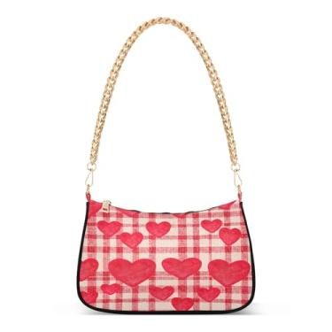 Imagem de Linda bolsa de ombro vermelha com corrente de coração amoroso, bolsa feminina Hobo com grande capacidade para uso diário ou festa