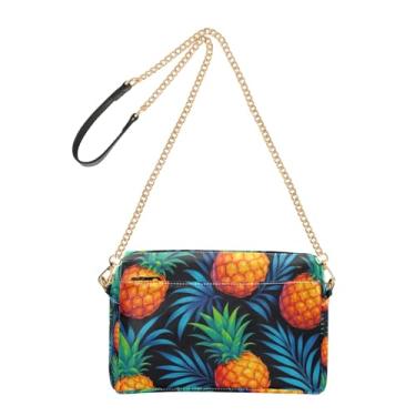 Imagem de Joitme Bolsa tiracolo feminina de abacaxi tropical, folhas azuis, verde, bolsa para celular, linda bolsa de ombro de couro sintético com alça de corrente