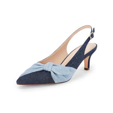 Imagem de Coutgo Sapatos Sociais Femininos Jeans Com Salto Gatinho, Baixo, Fechados, Bico Fino, Mules Laço, Azul-Marinho, Tamanho 8