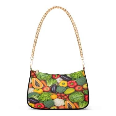 Imagem de Bolsa de ombro colorida com corrente estampada de repolho de frutas, legumes, bolsa feminina Hobo, bolsa média moderna para uso diário e festa