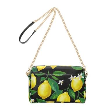 Imagem de Joitme Bolsa tiracolo feminina preta com limões amarelos e folhas verdes bolsa para celular bolsa de ombro de couro PU com alça de corrente