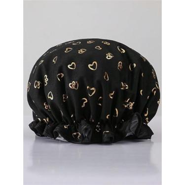 Imagem de Touca de banho impermeável de 2 camadas, estampa moderna de coração (preto)