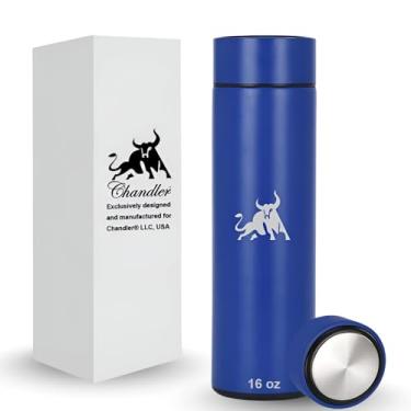 Imagem de Chandler Garrafa de vácuo de aço inoxidável de 473 ml para café quente e frio, chá e bebidas, cabe no carro sem derramamento, tampa de copo isolada com prensa e orifício selado para canudo (azul)