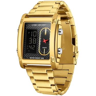 Imagem de findtime Relógios masculinos retangulares fixes, preto, aço inoxidável, relógio de pulso masculino com analógico digital, relógio esportivo de design exclusivo para hombres, Dourado, Casual