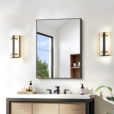 Imagem de KOCUUY Espelho de banheiro preto, espelho retangular de 61 x 45 cm para pia, espelho de parede decorativo moderno para quarto, sala de estar, banheiro, pendurar horizontal/vertical