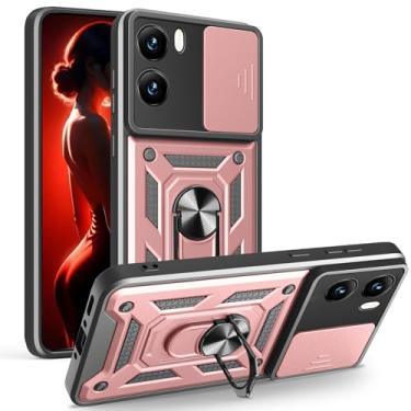 Imagem de CCSmall Capa para Motorola Moto G06 4G com lente de câmera deslizante para homens e meninos, capa durável à prova de choque de grau militar com suporte giratório para Moto G06 SJ ouro rosa