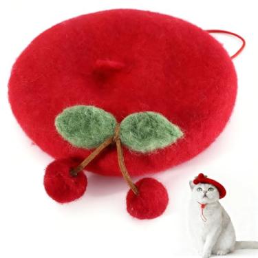 Imagem de Chapéu de boina de lã de gatos, boné de inverno ajustável de lã vermelha cereja para gatos, cães, gatinhos, filhotes, acessório diário para fotos